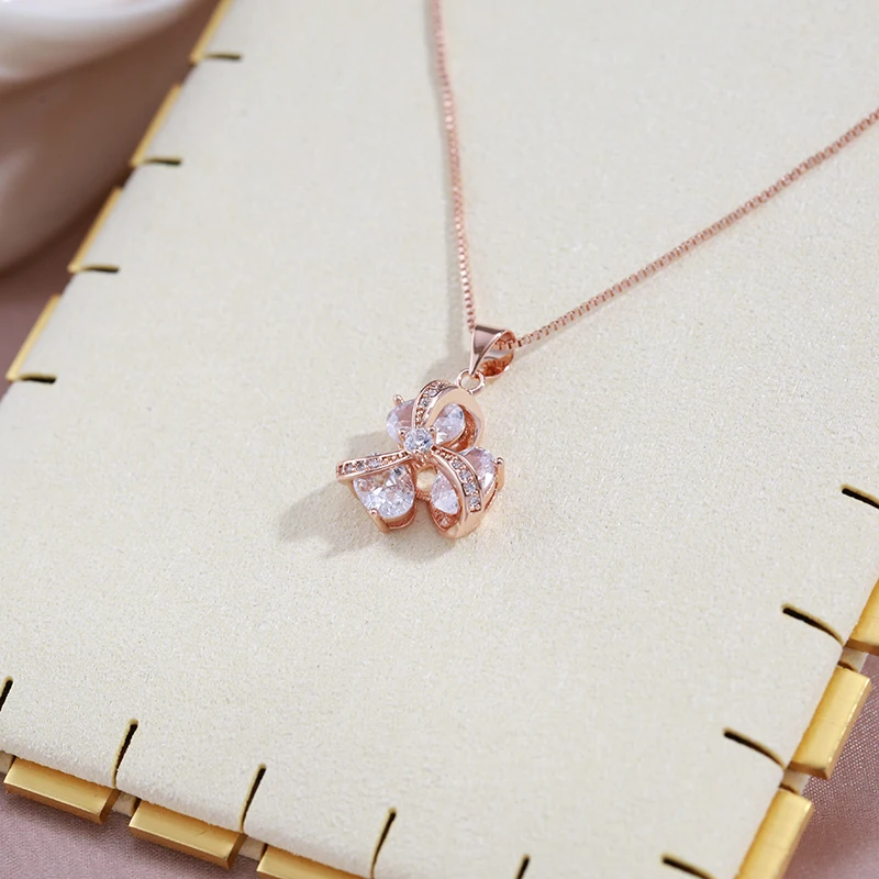 SYOUJYO Shiny Natural Zircon Pendant Necklace For Women 585 Rose Gold Color Fine Jewelry Box Chain Bride Wedding Necklace