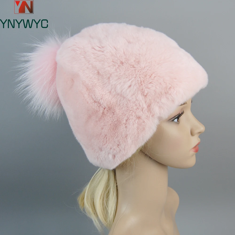 New 100% Real Natural Rex Rabbit Fur Big Fox Fur Ball caps Women Knitted Rex Rabbit Fur Skullies Lady Winter Rex Rabbit Fur Hats