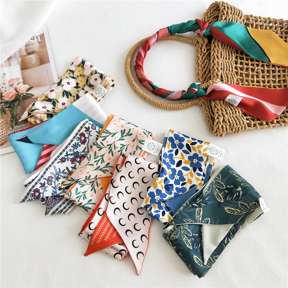 Korean Printing Plaid Long Ribbon Silk Hair Scarf Women Summer Elegant Wrist Bag Narrow Neck Scarf Hair Accessories