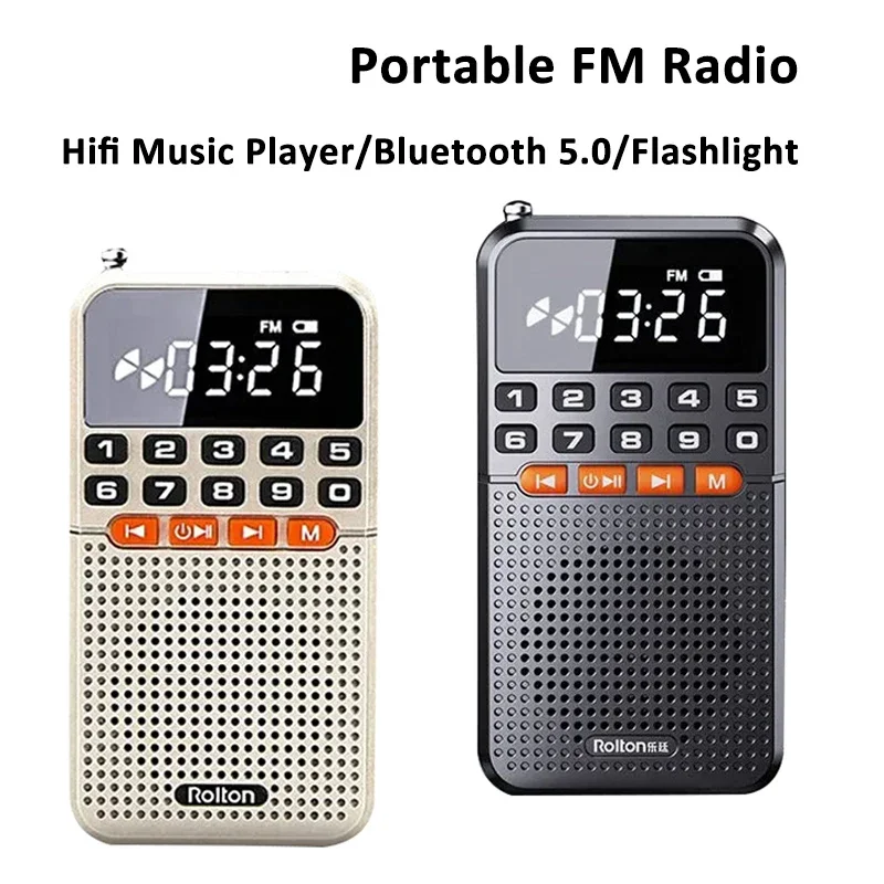 Mini Portable Bluetooth 5.0 FM Radio Dual Antenna Pocket Radio Receiver Speaker TF Card Music Player with LED  Flashlight