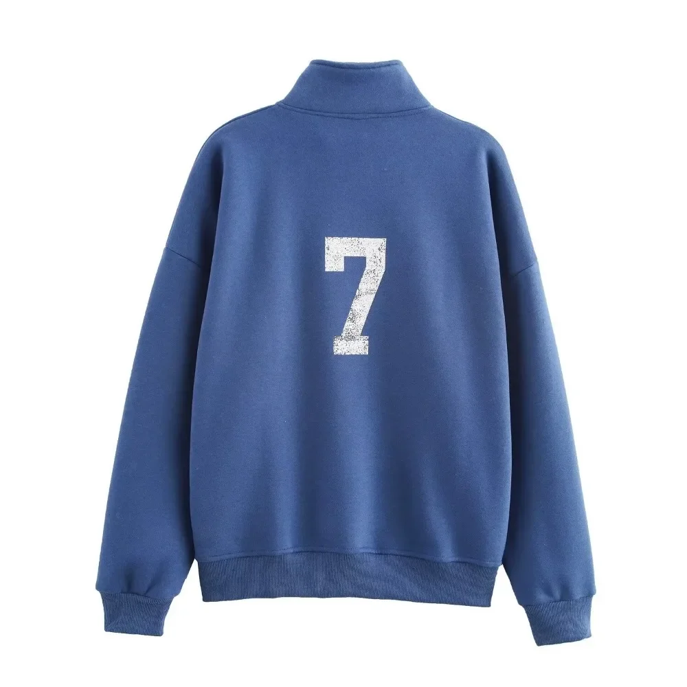 TRAF ZR Basic 2-piece Ladies Set 2024 Varsity Text Print Sweatshirt Set Normcore Plush Polo Sweatshirt with Zippered High Collar