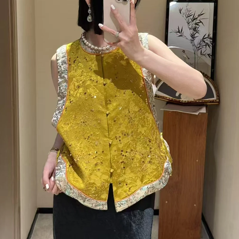 Spring/Summer New Round Neck Exquisite Nail Bead+Embroidered Top Fashion Single Breasted Women's Asymmetric Vest S-XL