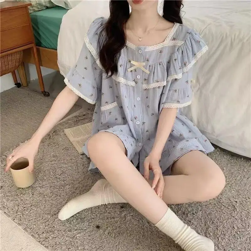 Korean Cute Student Lace Pajamas Sweet Girl Short Sleeve Short Home Clothes Comfortable Breathable Set Loose Summer New Arrival