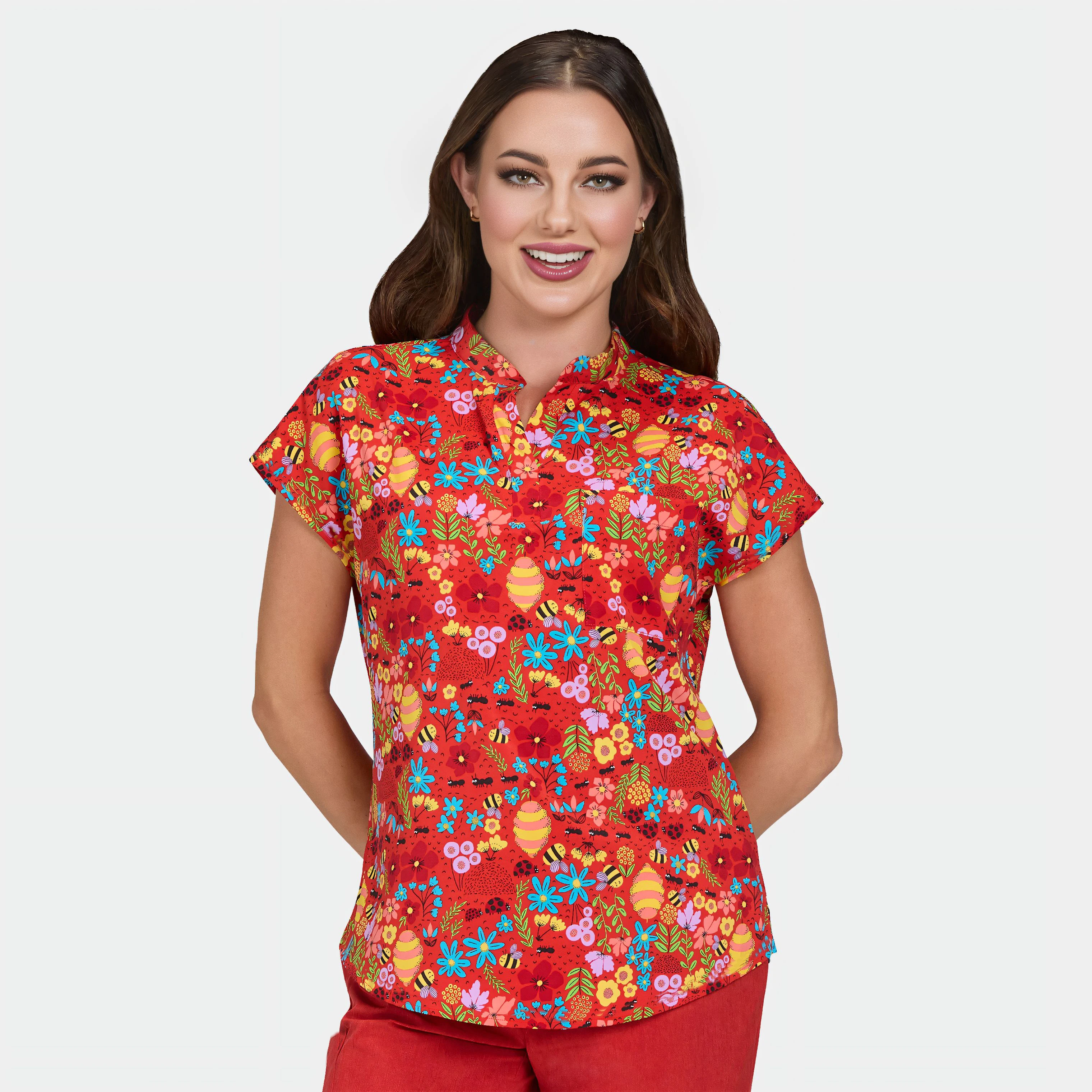 Women'S Woven Non-Stretch Bee And Ant Insect Floral Digital Print Nurse Uniform Shirt with One Pocket, V-Neck, Patchwork