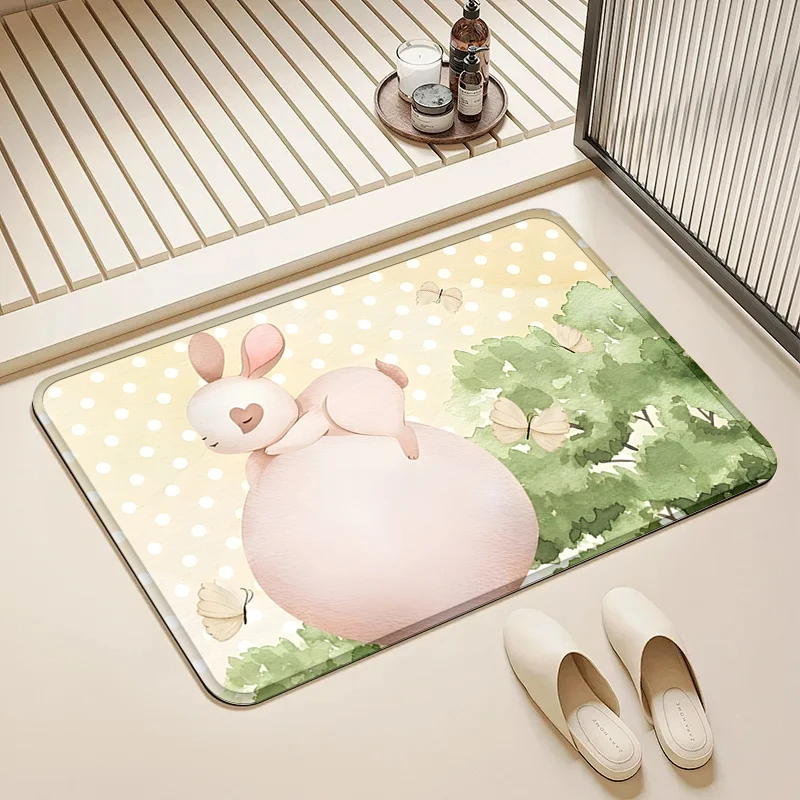 

Cute Heart Rabbit Print Door Mat Non-Slip Absorbent Floor Rug for Home Entrance Bathroom Kitchen Decor