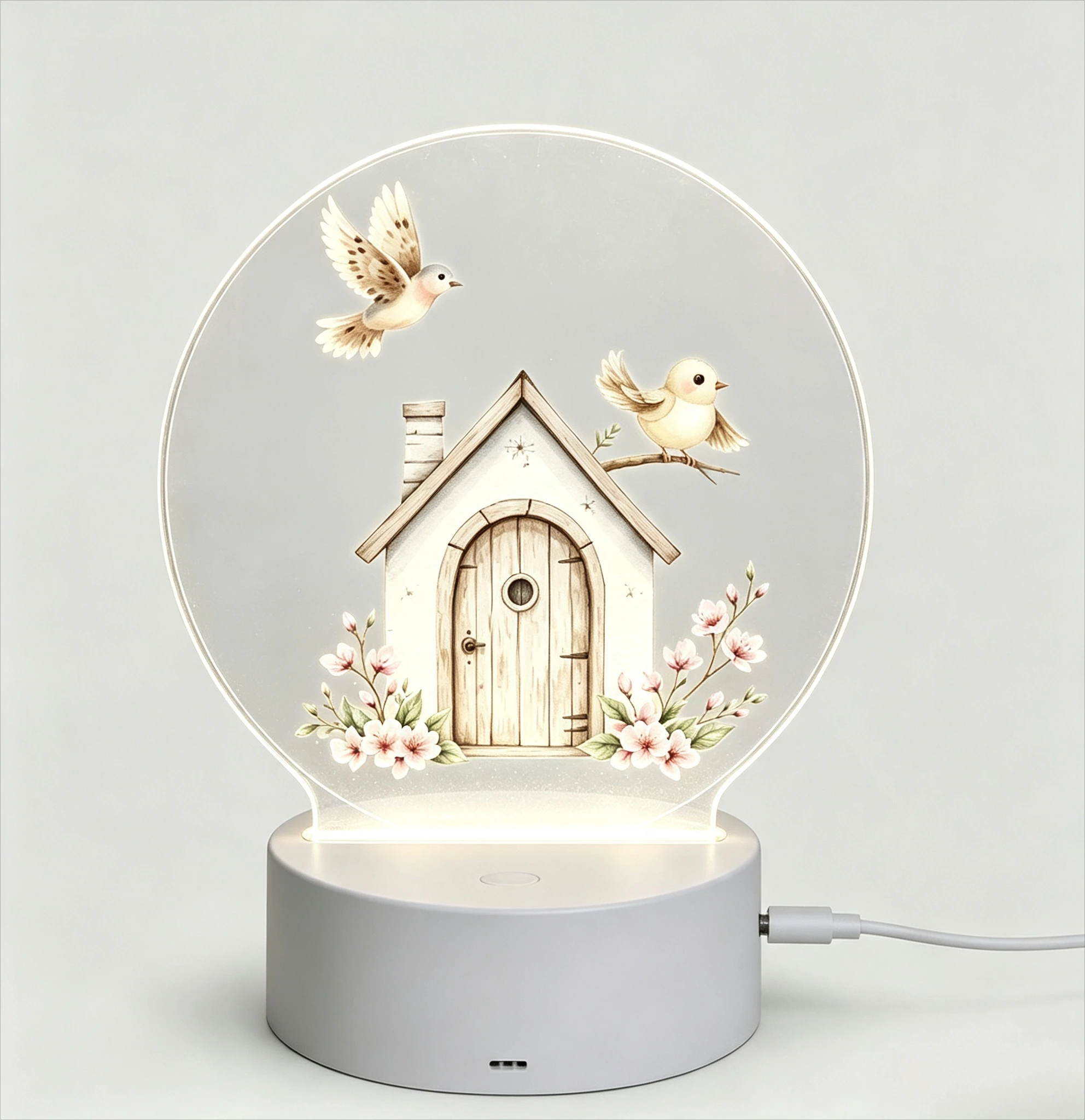 Spring Floral Little House Two Birds Round Acrylic LED Night Light Custom Name Baby Shower Gift
