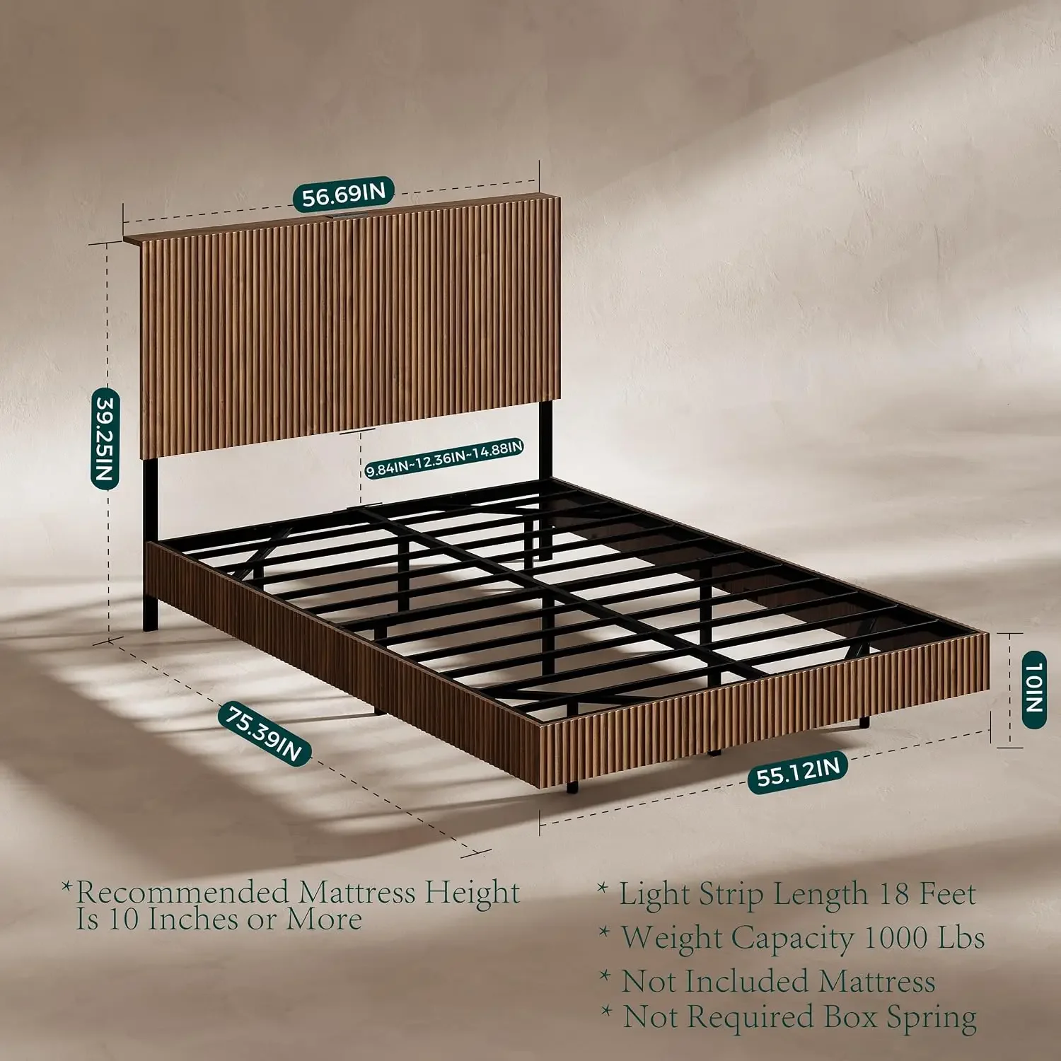 Walnut Full Floating Bed Frame with Headboard | Mid Century Modern Fluted Platform Bed with LED Lights, Heavy Duty Bedframe with