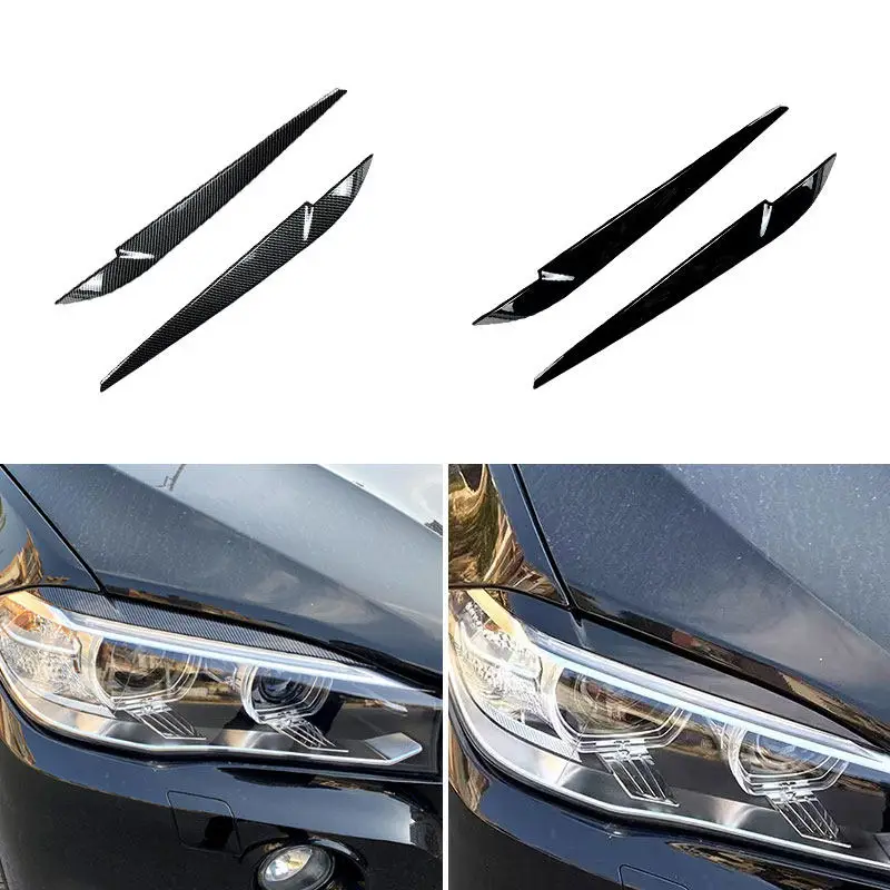 For BMW X5 X6 F15 F16 2014 2015 2016-2018 2pcs ABS Carbon Fiber Texture/Glossy Black Car Headlights Eyebrow Eyelids Cover Trim