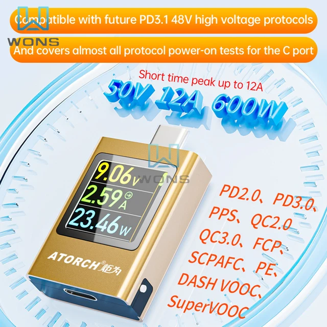 DC 4,5-50 V 600 W cyfrowy wyświetlacz amperomierz napięcia miernik Power Bank typu c ładowarka do telefonu komórkowego TFT Tester czujnika G