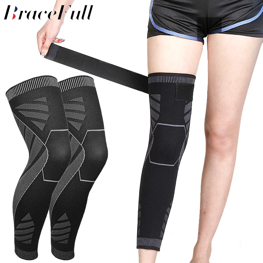 

Long Leg Compression Knee Support Pads Lengthen Stripe Sport Sleeve Protector Elastic Long Kneepad Brace Volleyball Running