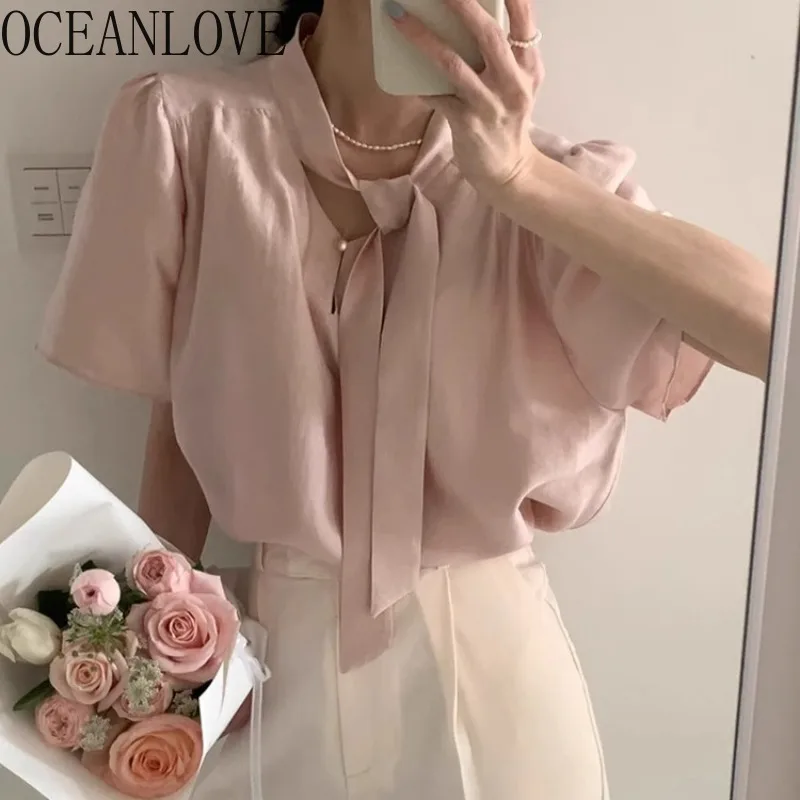 

OCEANLOVE Chiffon Blouses Solid Puff Sleeve Elegant Sweet Women Shirts Spring Summer Korean Fashion Chic Blusas Feminina