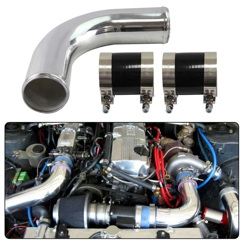 

57mm 2.25" 90 Deg Aluminum Intercooler Piping pipe Tube hose + Silicone hose w/ T-clamps Black/Blue/Red