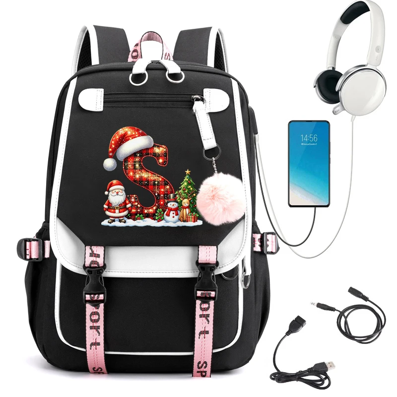 Santa Claus Print 26 Letter A-Z Backpack for Girls Boys Schoolbag Christmas Xmas Travel USB Charging Laptop Backpack School Bag