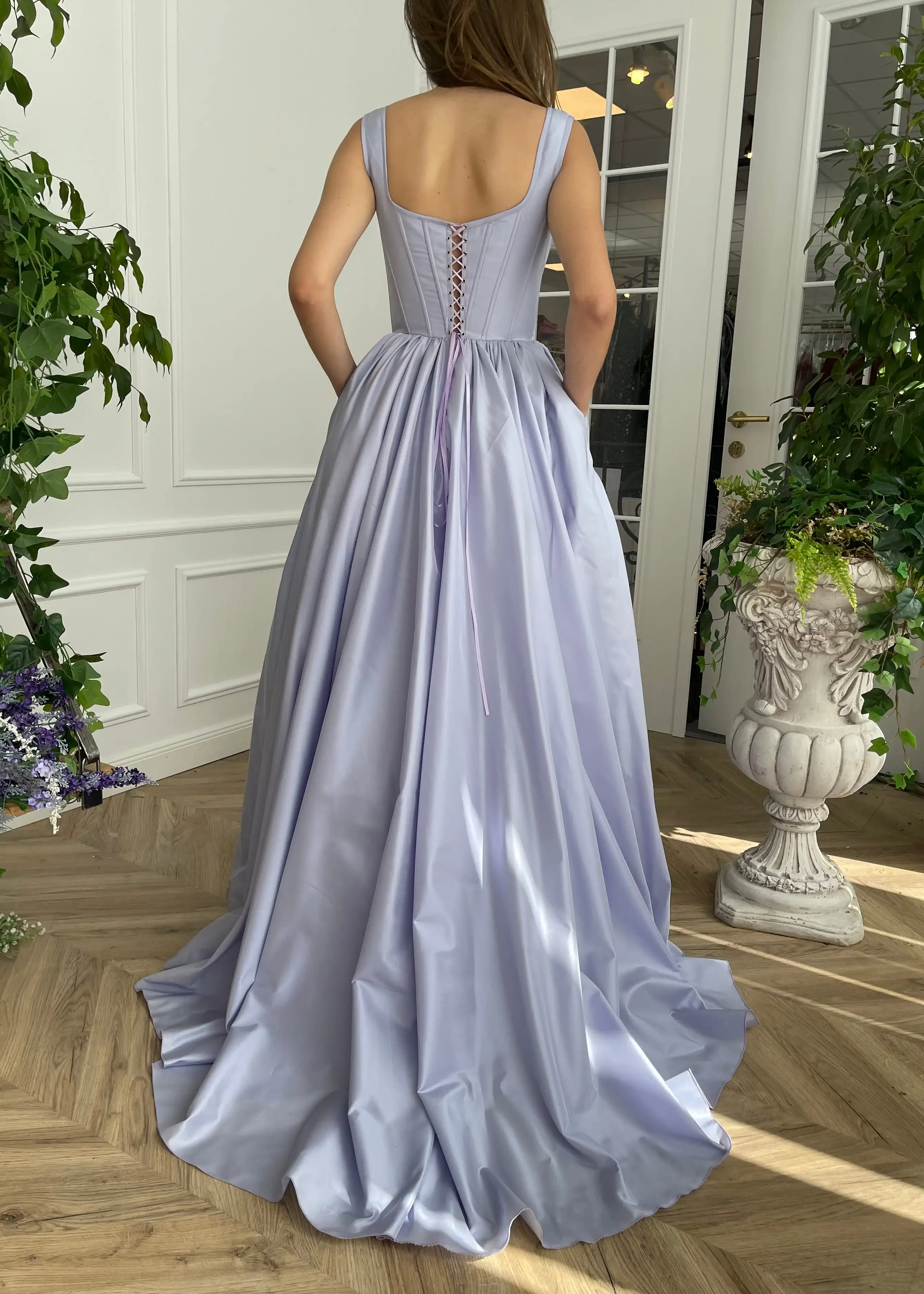 Misty Blue Spaghetti Straps A-line Evening Dresses Square Collar Corset Sleeveless Backless Prom Gowns With Pockets Dating Dress