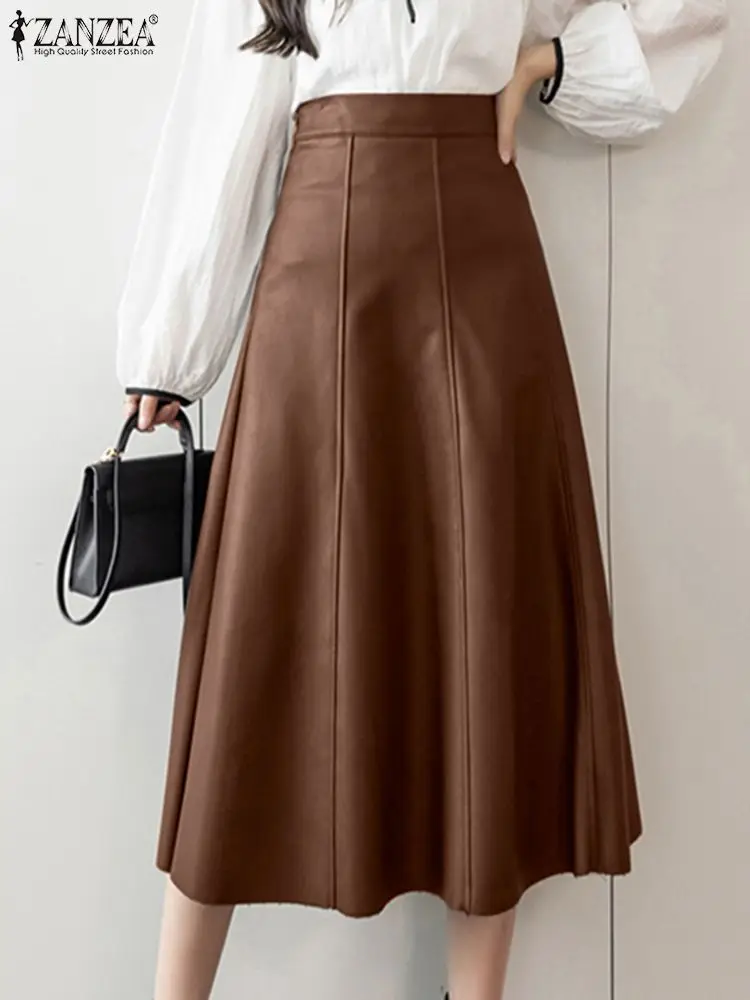 ZANZEA Fashion Women PU Leather Midi Jupes 2024 Summer High Waist Skirt Solid Office Lady Skirt Elegant High Waisted Party Falda