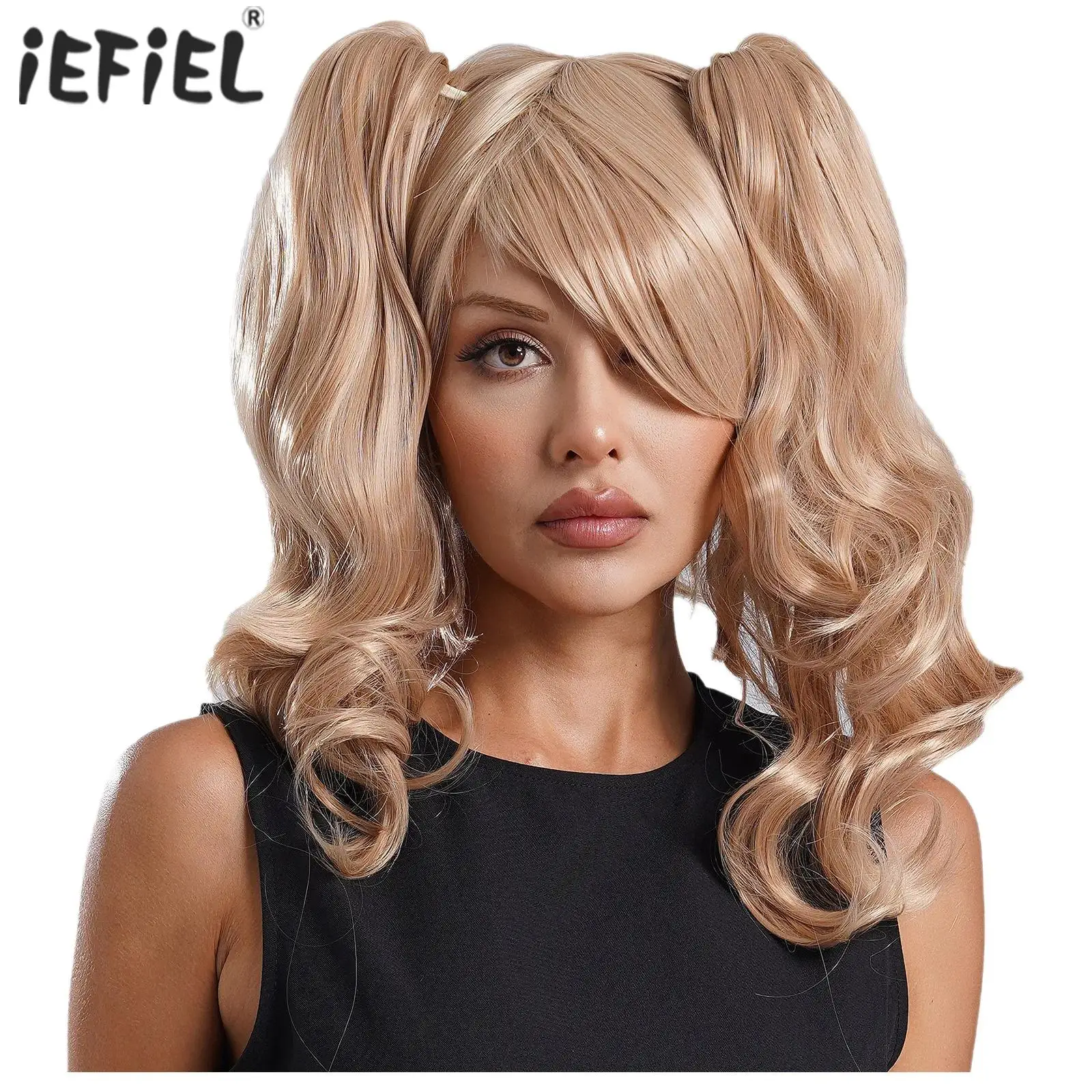 Womens Long Curly Multi-color Synthetic Wig Lolita Comic Con Human Hair Japanese Anime Role Cosplay Wig with Clip-on Ponytails