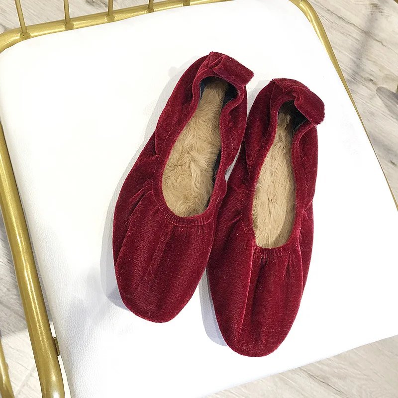 Flat Shoe Female Autumn And Winter New Style Add Cashmere Rabbit Fur Soft Skin Grandma Shoes Simple And Comfortable Single Shoes