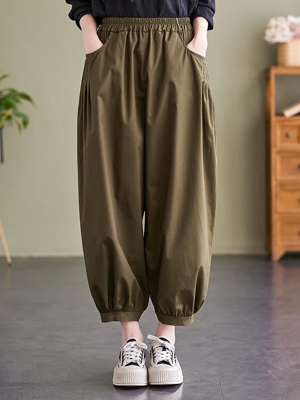 

Summer New Loose Large Size Artistic Elastic Waist Nine Points Straight Leg Lantern Casual Harlan Pants Women