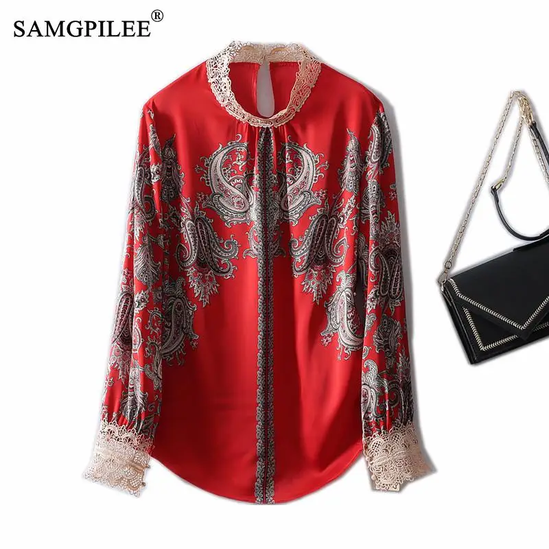 

SAMGPILEE Fashion Woman Blouses 2022 New Crochet Collar Stitching Printed Chiffon Women's Korean Style Straight Women's Shirt