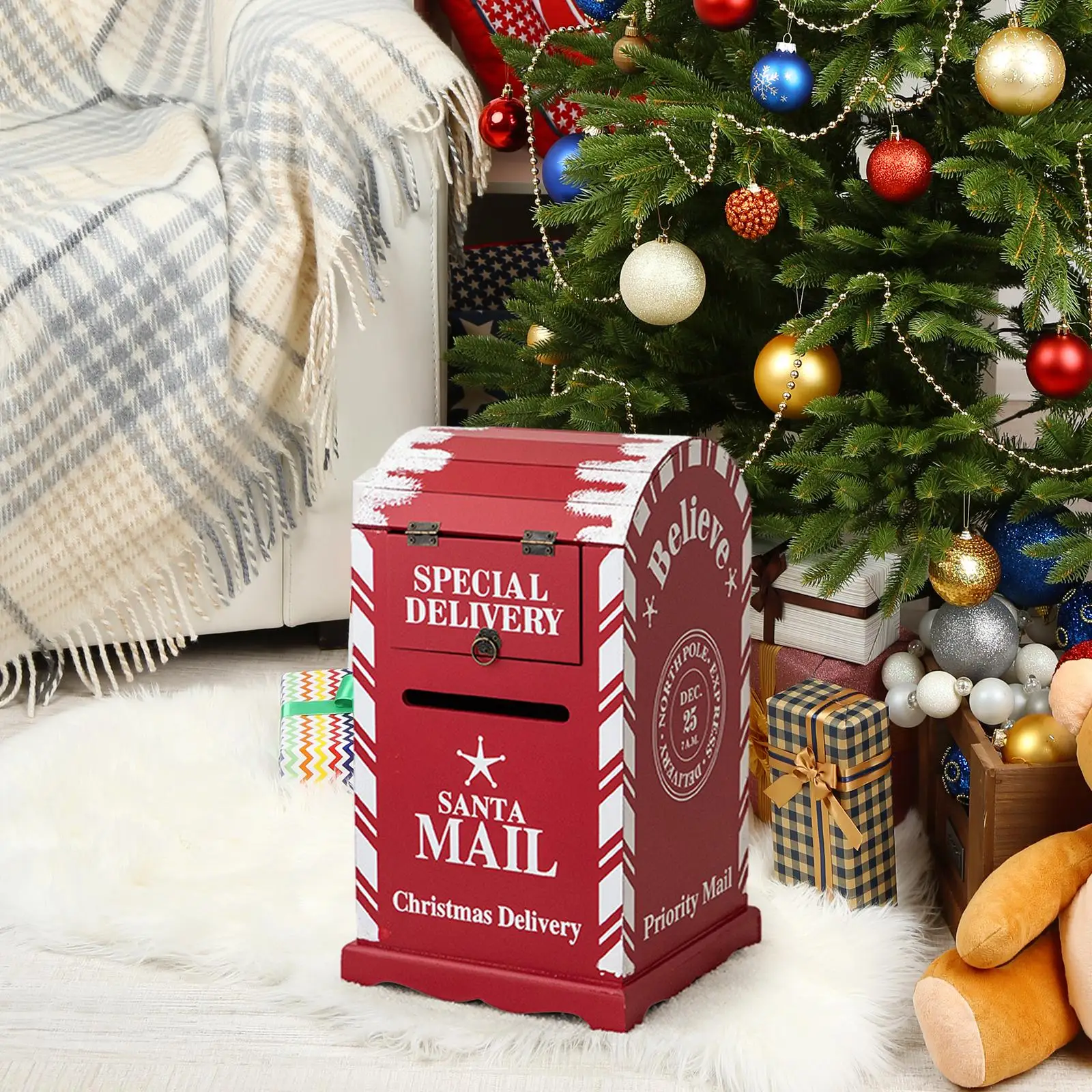 Christmas Santa Mailbox Post Box Wood Ornament for Home Garden Holiday Letters