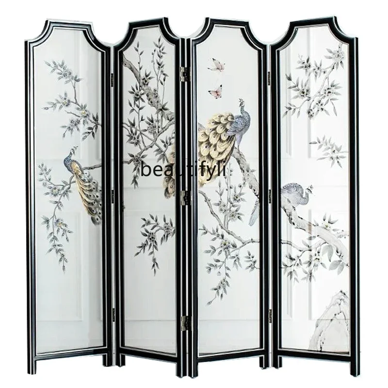 Living room screen partition folding painted solid wood new Chinese entrance modern simple background wall folding screen