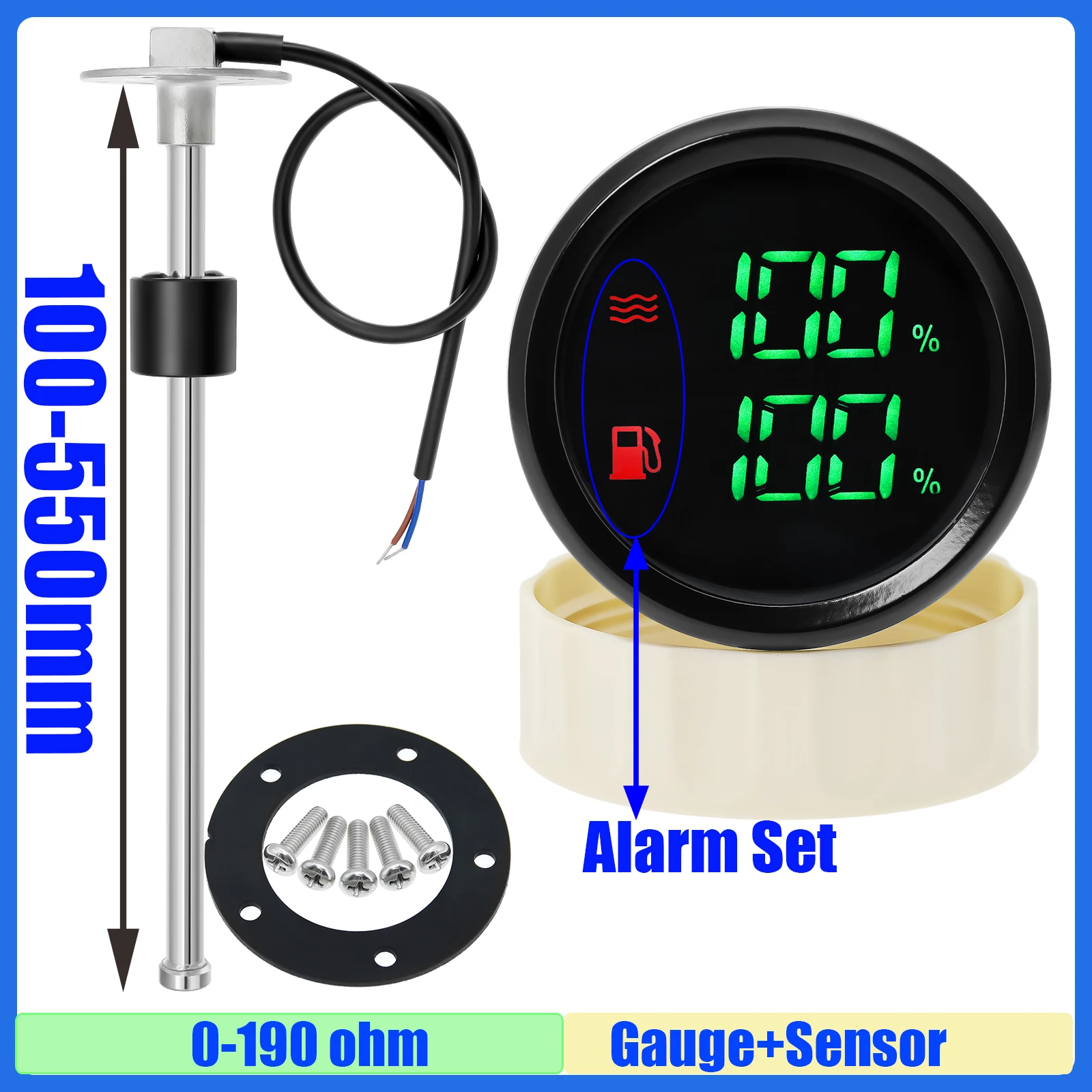 

Датчик уровня топлива и воды MAIMEIMI 0-190 Ом, зеленый LED-дисплей, двойной, 52 мм, с сенсором и мигающей сигнализацией для лодок, яхт, автомобилей