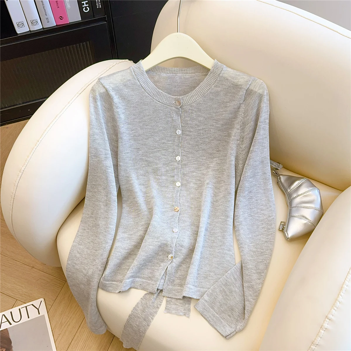 Cárdigan de punto de manga larga con cordones para mujer, estilo francés elegante, fino, Color sólido, cuello redondo, prendas de punto versátiles, Tops informales