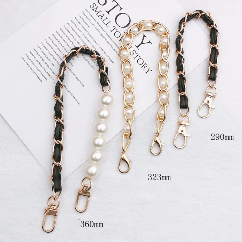 New Pearl & Metal Bag Strap Pu Leather Crossbody Bag Belts Diy Purse Replacement Handles Cute Bead Chain For Women Gold Clasp