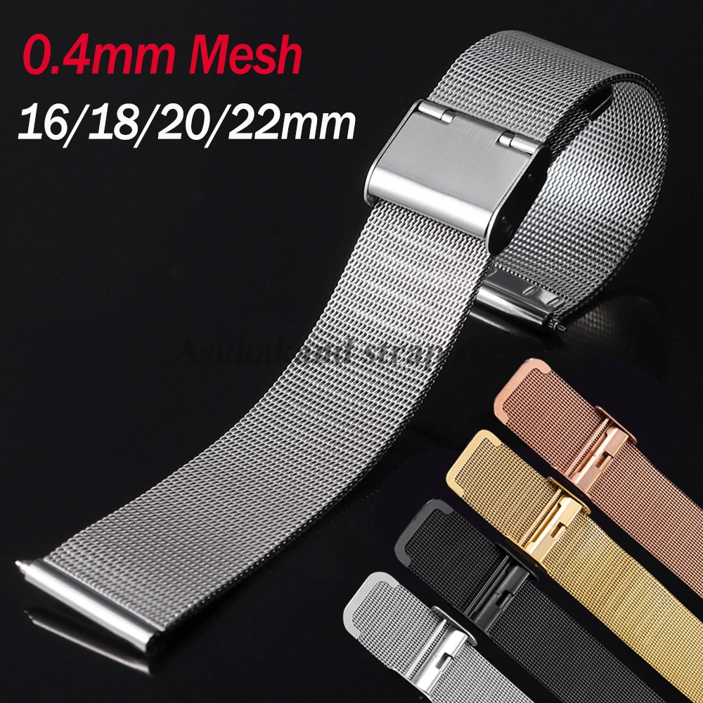16mm 18mm 20mm 22mm Metall-Milanese-Uhrenarmband 0,4mm Mesh Edelstahl Uhrenarmbänder Schnellverschluss Universal Herren Damen Armband