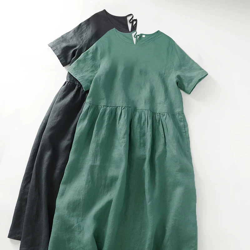 Chic Cotton Linen Dress Women 2024 Summer Short Sleeve Solid Dress O-Neck Vintage Casual Sundress Holiday Travel Oufit Vestido
