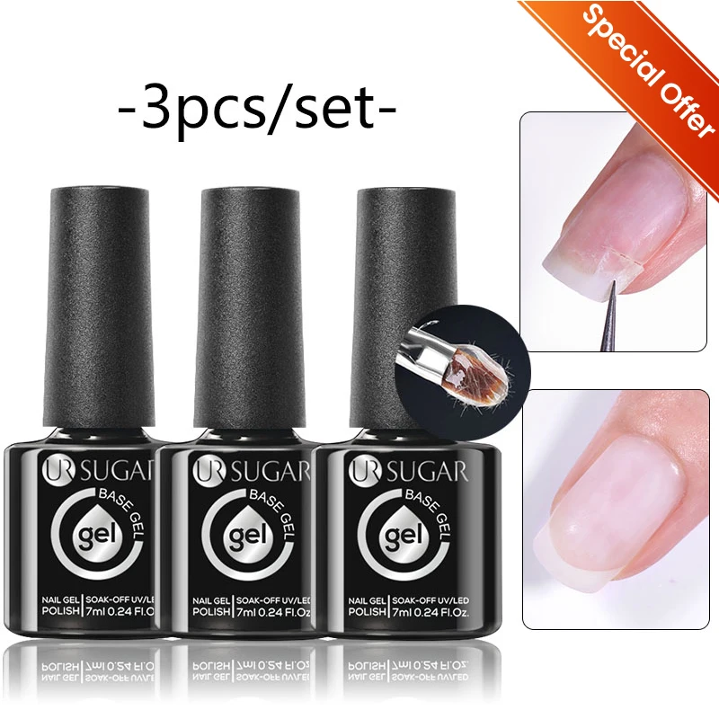 

UR SUGAR 3Pcs Fiber Rubber Base Gel Set For Broken Nail Repaired Fiberglass Clear Reinforce Soak Off UV Construction Gel Manicur