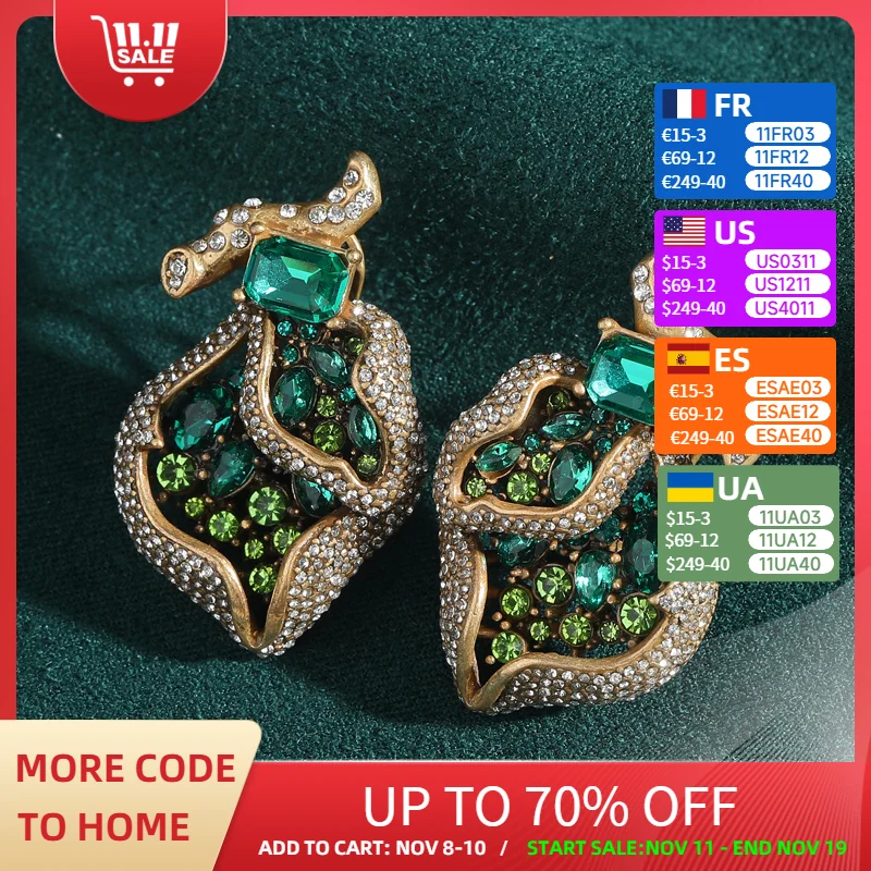 

Vintage Green Crystal Stud Earring Leaf Gold Color Rhinestone Luxury Jewelry Designer Retro Plant For Woman Accessories Party
