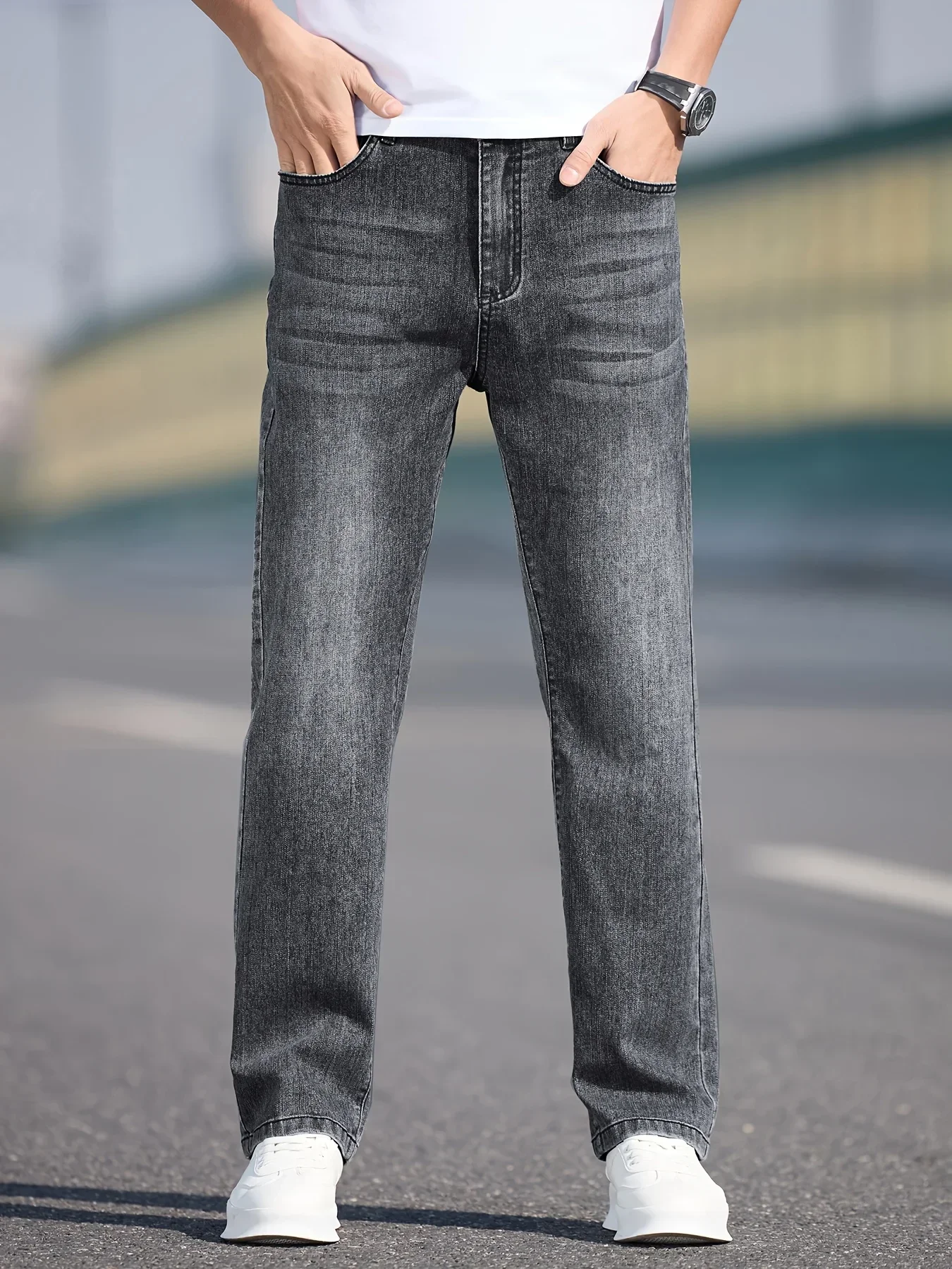 Men's straight-leg baggy jeans, new washed, vintage high street, breathable stretch, wide-leg cargo business casual pants view 3