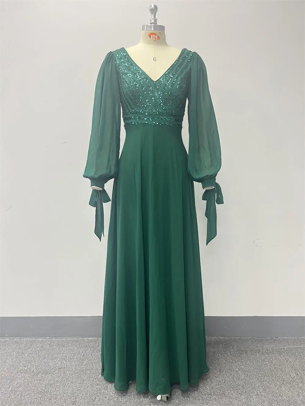 New Long sleeved Lace up High Quality Double V-neck Bead Panel Chiffon A-line Large Display Fully Lined Party Evening Dress