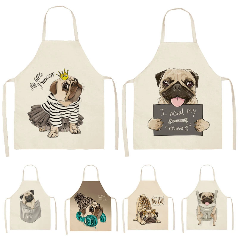 Cute Dog Pug Printed Cotton Linen Sleeveless Apron Kitchen Aprons Women Home Cooking Baking Waist Bib Pinafore Delantales