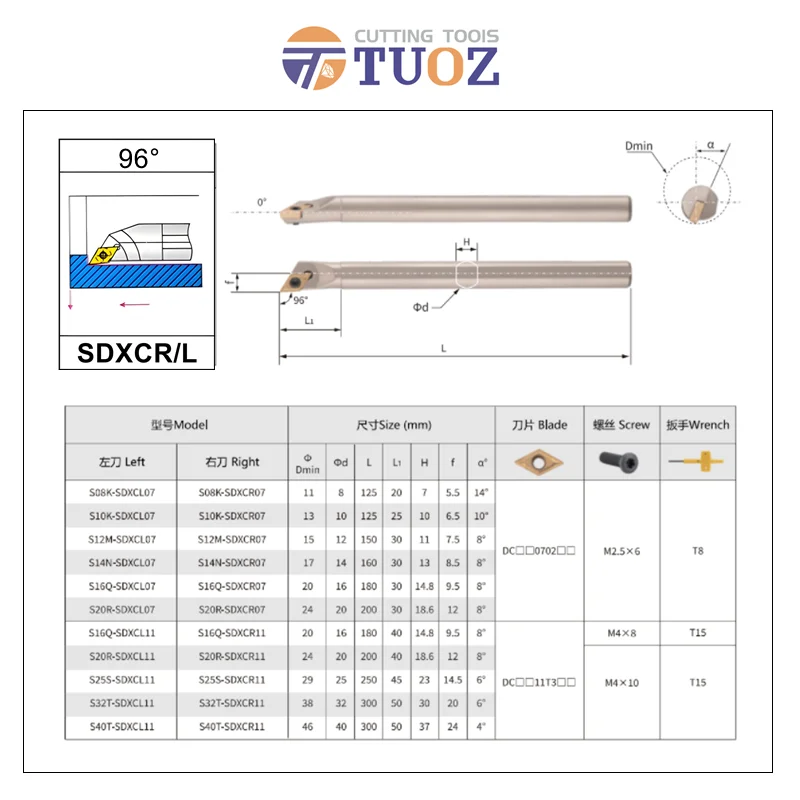 TUOZ SDXCR SDXCL 96° Lathe Tools S08K S10K S12M 14MM S16Q S20R S25S SDXCR07 SDXCL07 SDXCR11 SDXCL11 Internal Turning tools