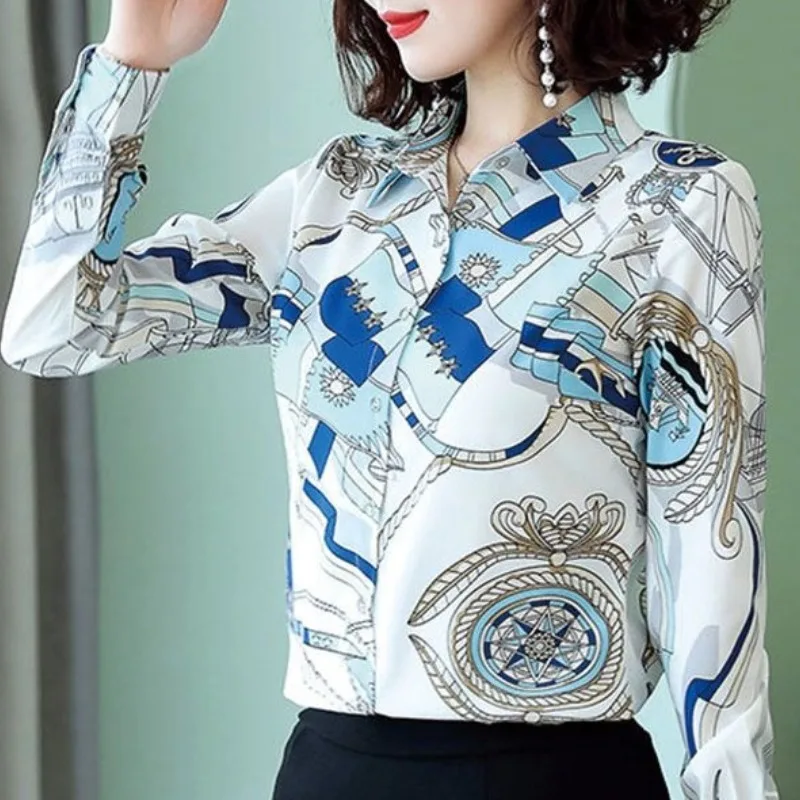 

Spring and Autumn Women's Polo Collar Contrast Geometry Abstract Single Breasted Long Sleeve Chiffon Shirt Cardigan Coat Tops