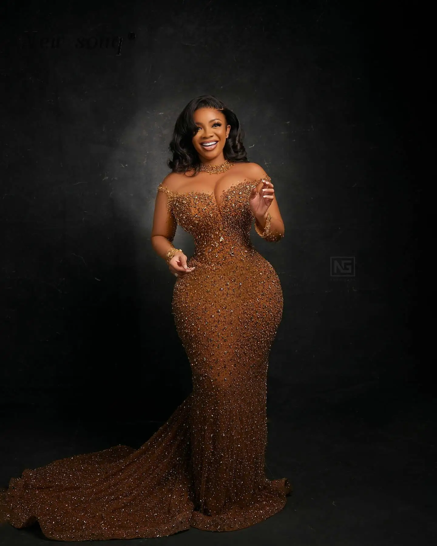 Sparkly Crystals Mermaid Prom Dresses Long Sleeves Aso Ebi Arabic African Evening Party Pageant Gowns Plus Size Customized