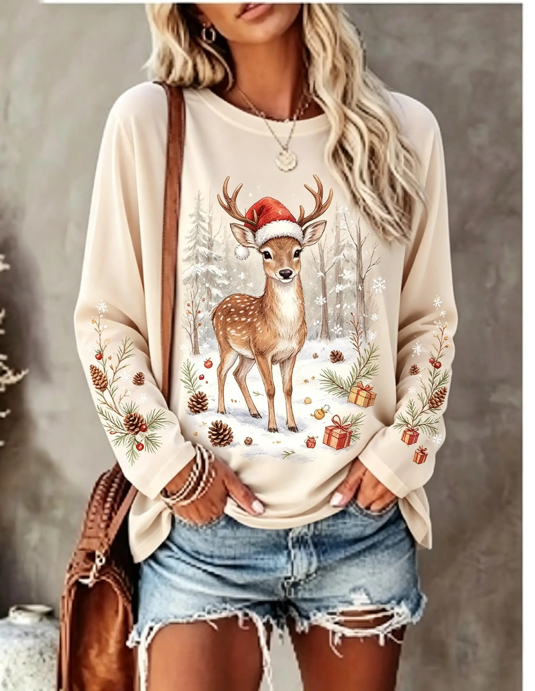Women Long Sleeve T Shirt Christmas Spotted Deer Santa Hat Snow Forest Pinecone Gift Print Crew Neck Casual Tops