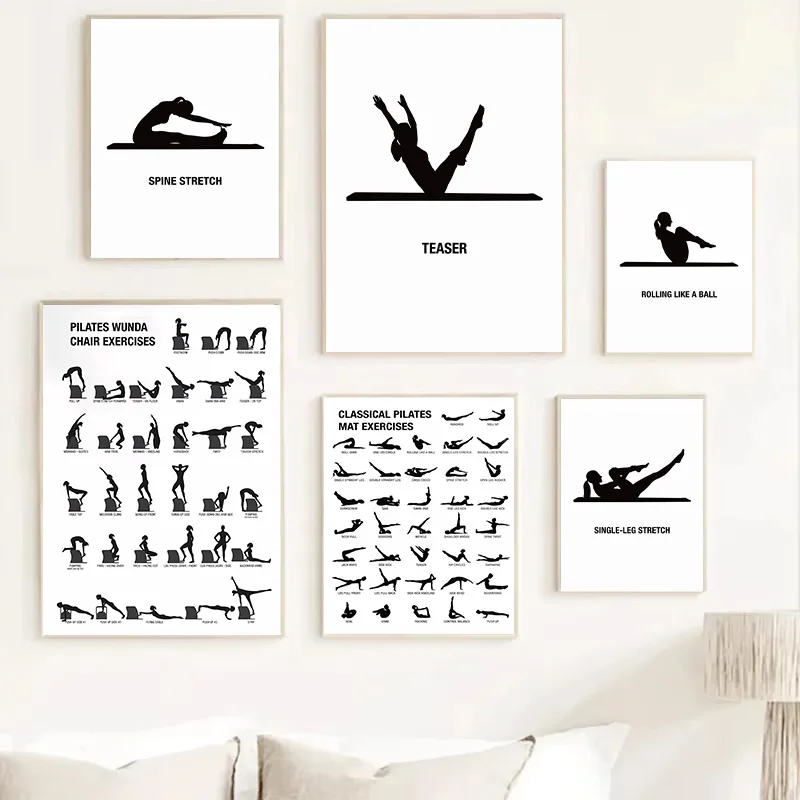 Pilates Workout Reference Poster Mat Reformer Exercise Wall Print Fitness Guide Art for Gym Studio Home Wall Decoration