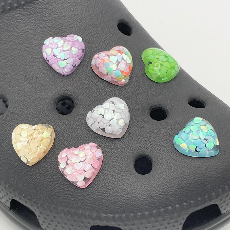 7Pcs Fashion Bling Sequin Heart Shoe Charm Decorations For Crocs Women\'s Clogs DIY Parts Shoe Badge Pins Fit Slipper Accessories