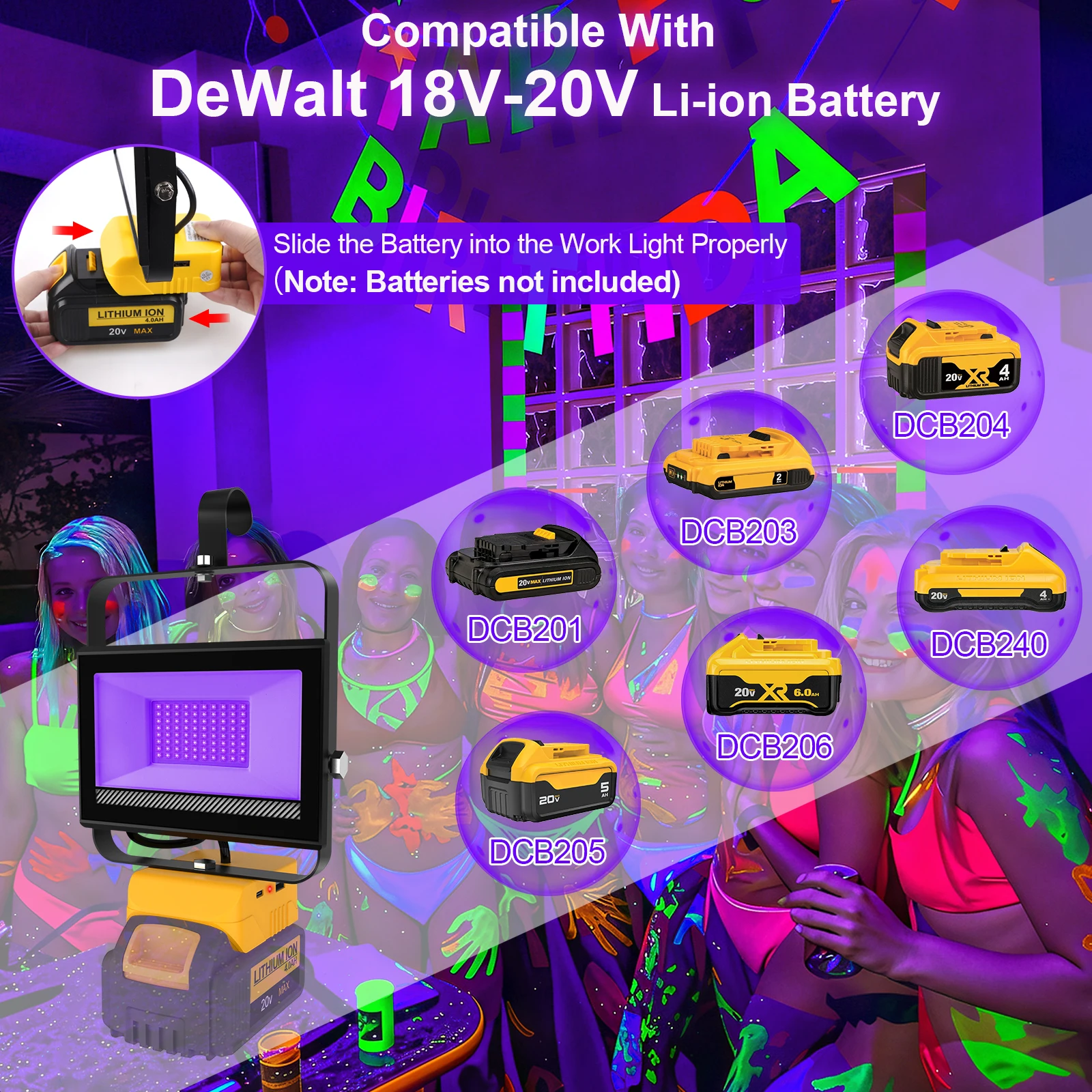 Portable Black Lights Compatible with DeWalt 20V Battery 60W 395nm Ultraviolet Flood Lights Glow Party Halloween UV LED Light
