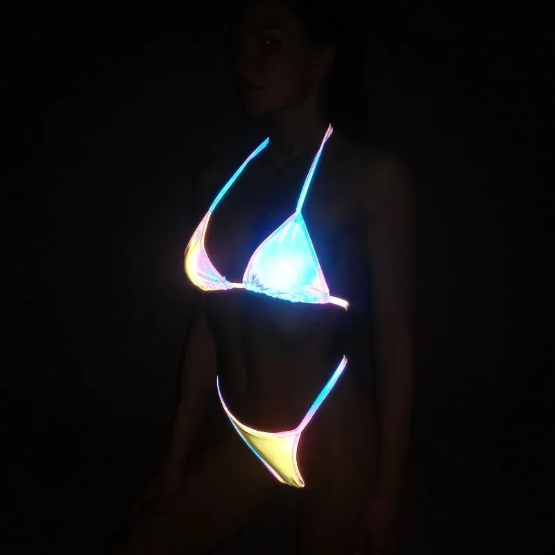 2024 New Dazzling Reflective Bikini Ins Sexy Strap Split Swimsuit Laser