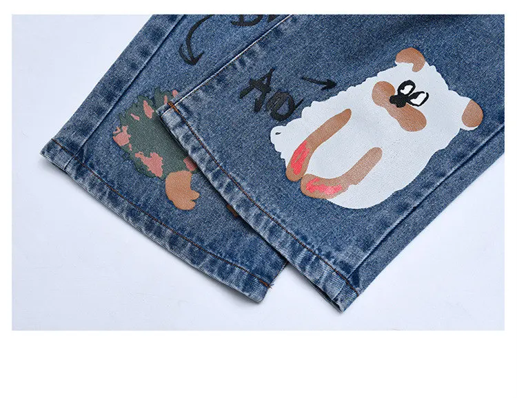 Heißer Verkauf: Blaue Jeans für Teenager-Mädchen mit Cartoon-Print, elastischem Mittelbund, lockerer Passform, Frühlingsmode, niedliche Kinderhose mit weitem Bein. – Detail 12