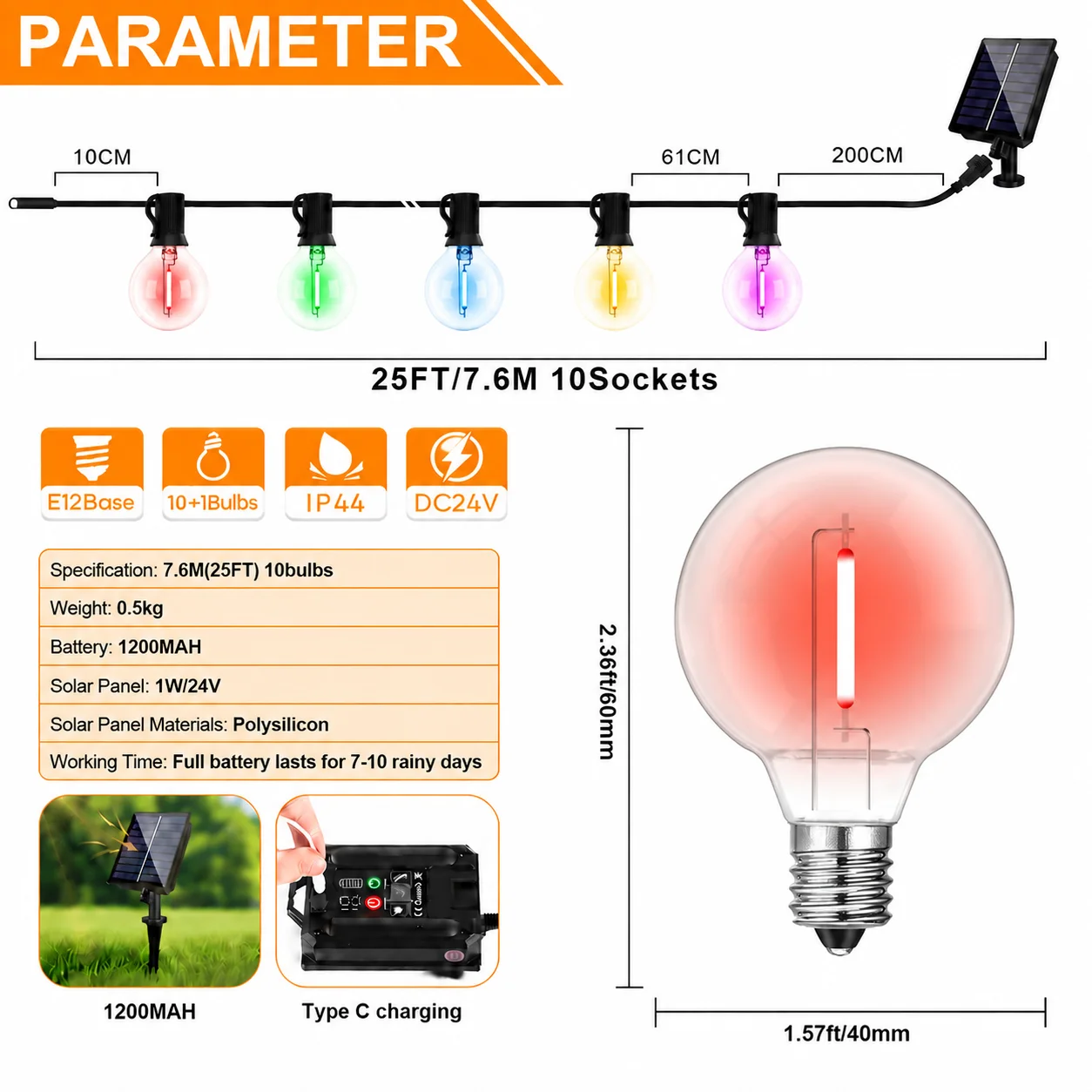 Christmas G40 Colored Plastic LED Outdoor Solar String Light Garland Waterproof 24V Globe Hanging Light for Garden Patio Cafe