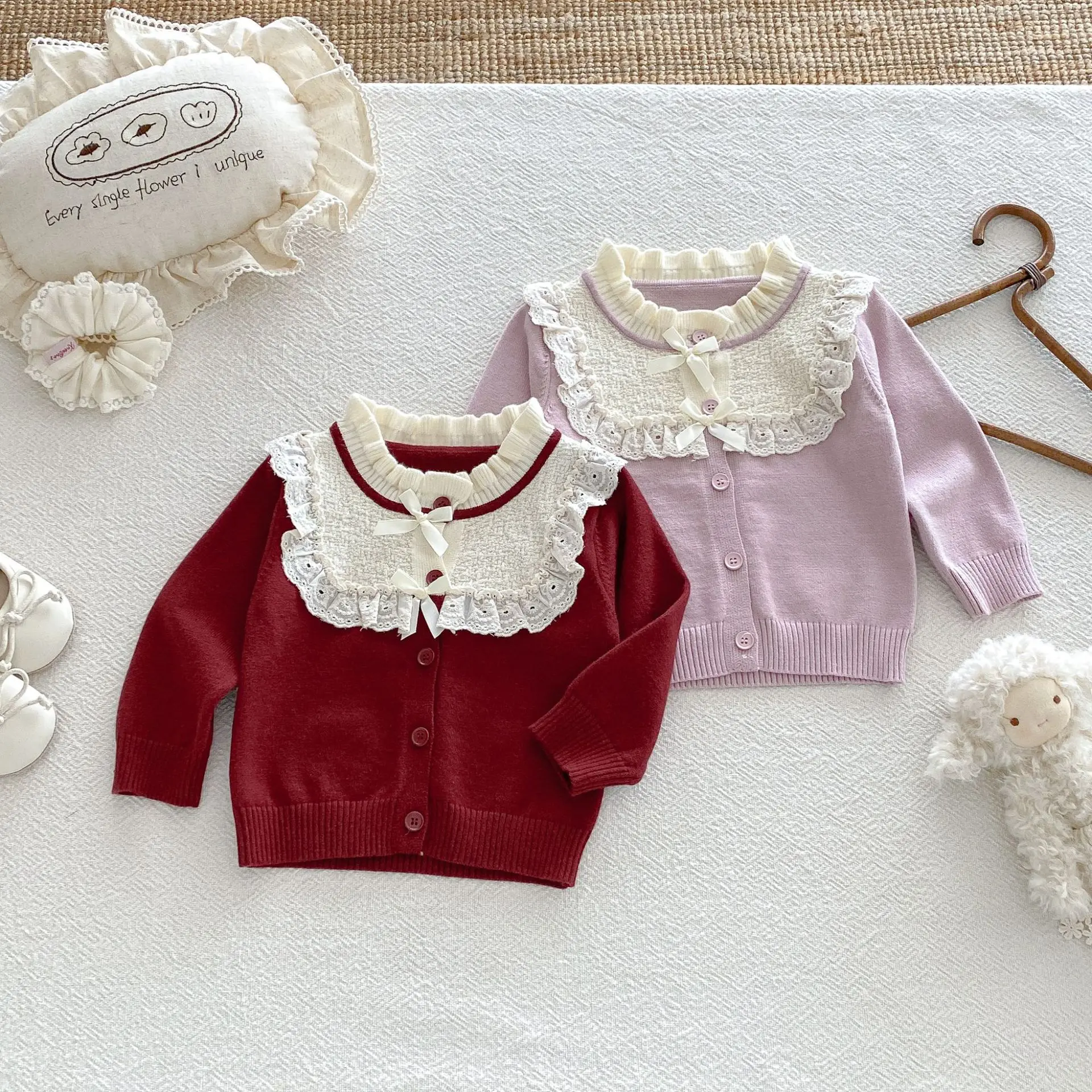 2026 Autumn New Baby Long Sleeve Bow Knitted Cardigan Girls Sweet Lace Collar Sweater Coat Cotton Infant Toddler Clothes