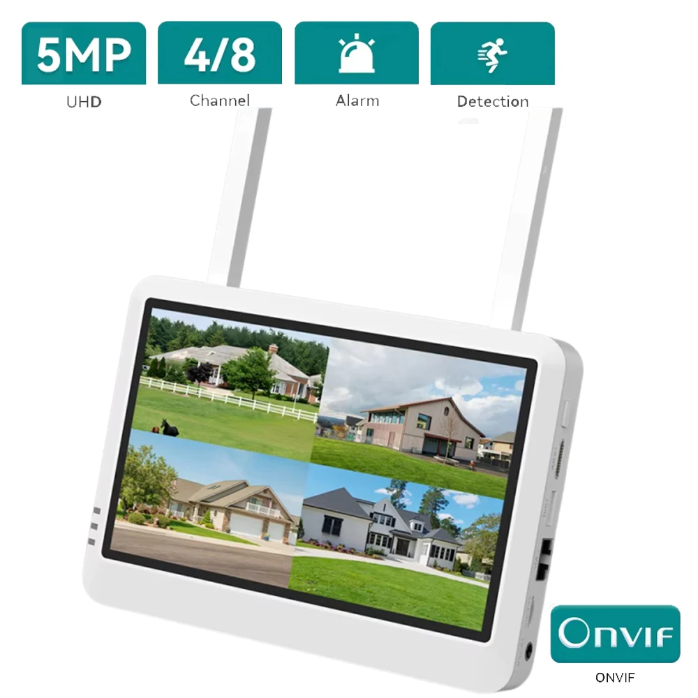 7-Inch LCD Screen 5MP 8CH/4CH Wireless Wifi NVR Security System Support AI Human Detection Audio Video Recorder iCSee Xmeye