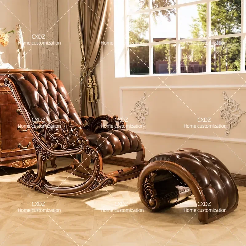 European rocking chair American bedroom leather all solid wood sofa recliner couch balcony leisure chair household escape