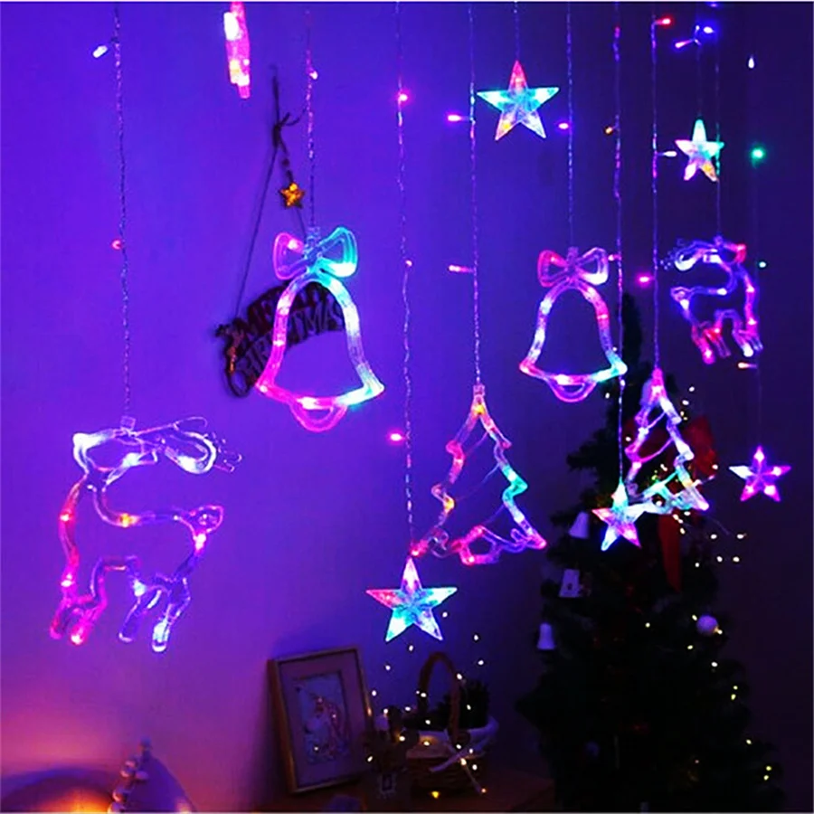 8 Modes LED Deer Bell Curtain Lights 220V EU Plug Christmas Fairy String Lights Garland for Home Wedding Party New Year Decor
