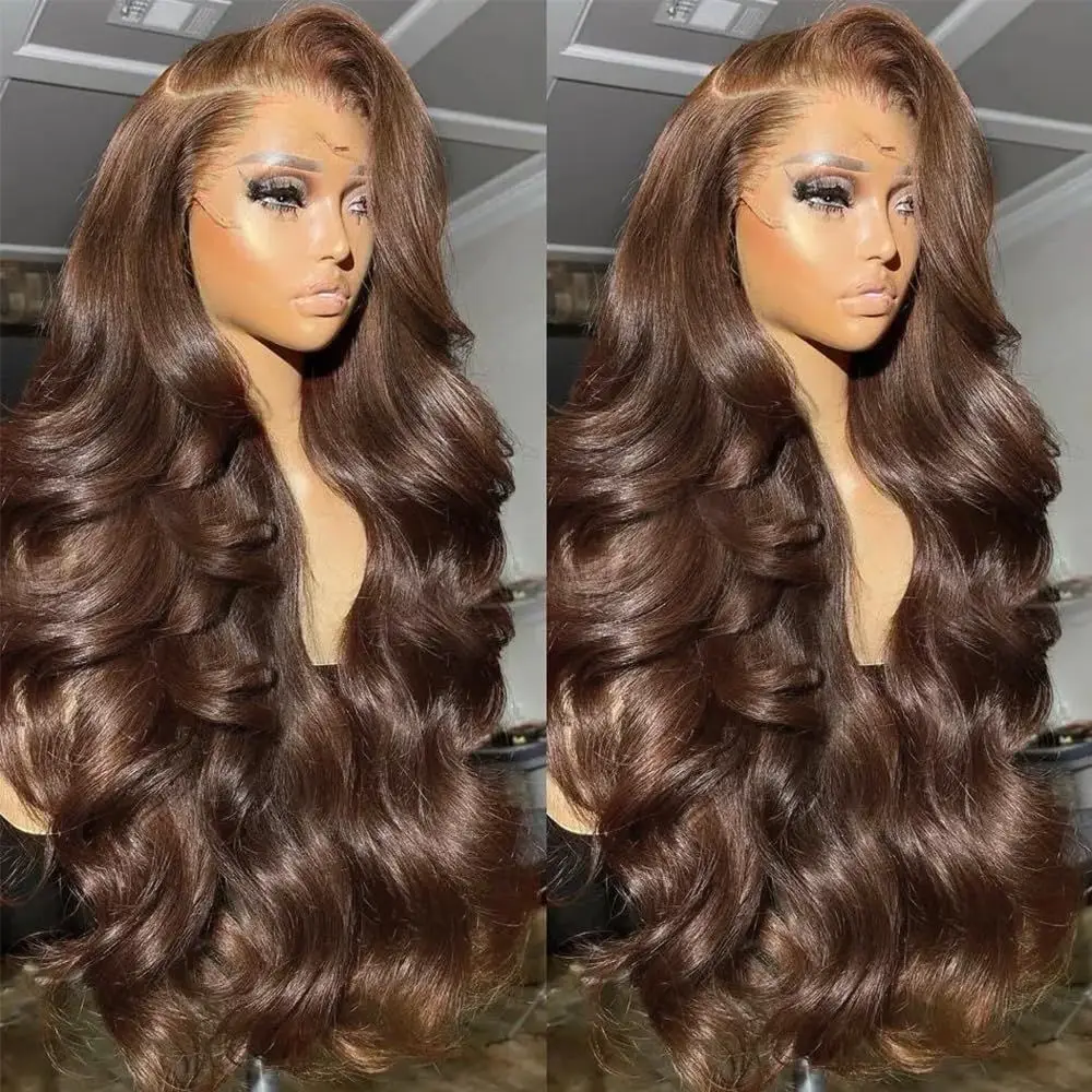 28 Inch Chocolate Brown Lace Front Wig Human Hair Pre Plucked 13x4 Hd Lace Body Wave Frontal Wigs Human Hair 4# Brown Colored Wigs Human Hair 200% Density Glueless Wigs 13x4 Chocolate Brown Human Hair Wig Straight Body Deep Wave Lace Front Wigs